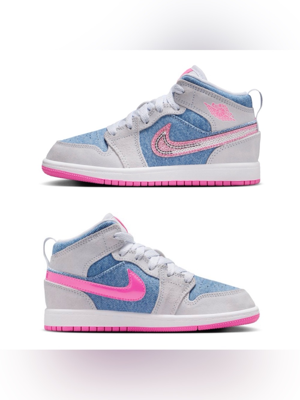 $120 Air Jordan 1 Mid GS Blue Denim Grey Suede Sequin Mid Top Sneakers Size 7.5